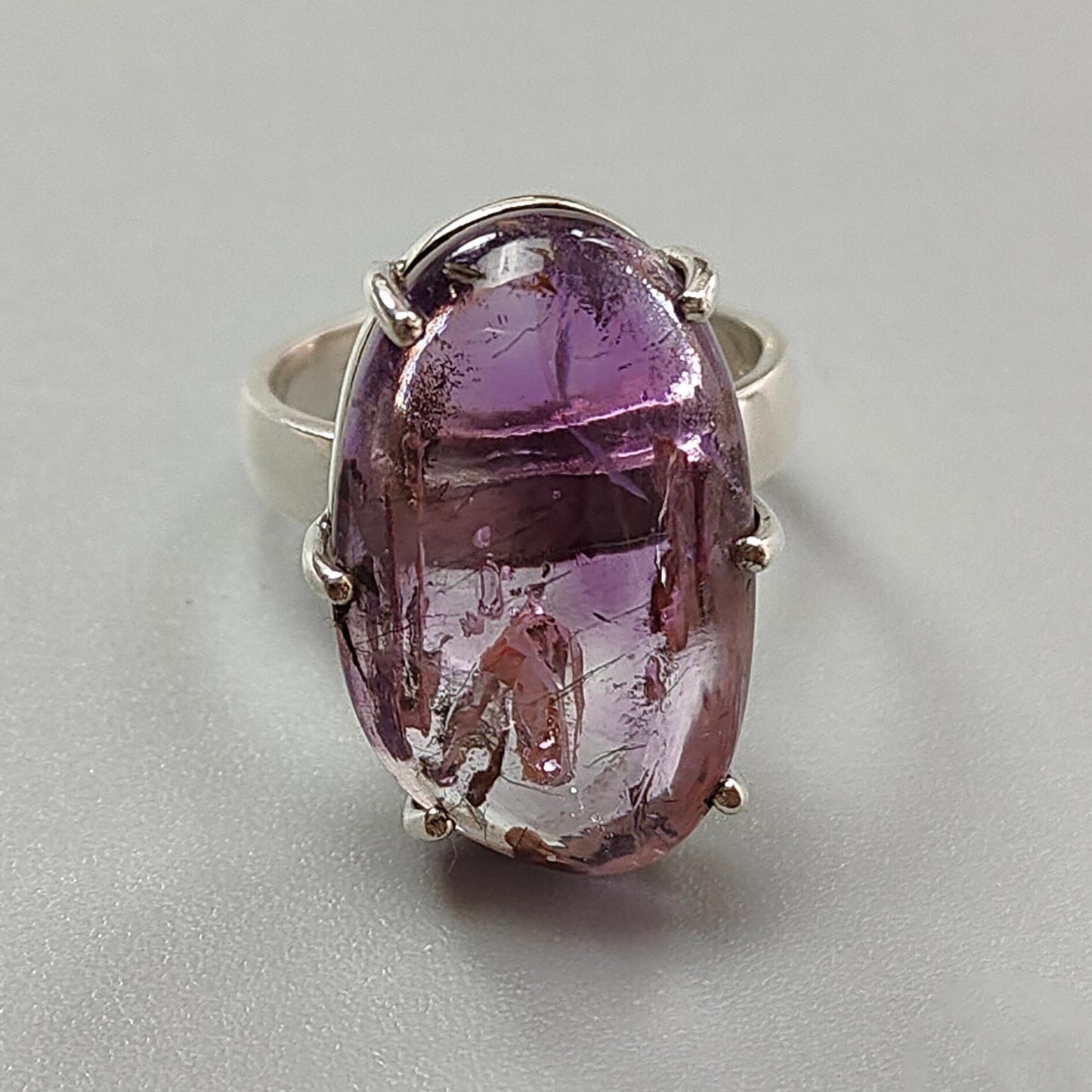 Super Seven Plain Silver Ring: 7.57gms Natural Untreated Amethyst Fancy Shape Plain 925 Sterling Silver Prong Set Adjustable Ring