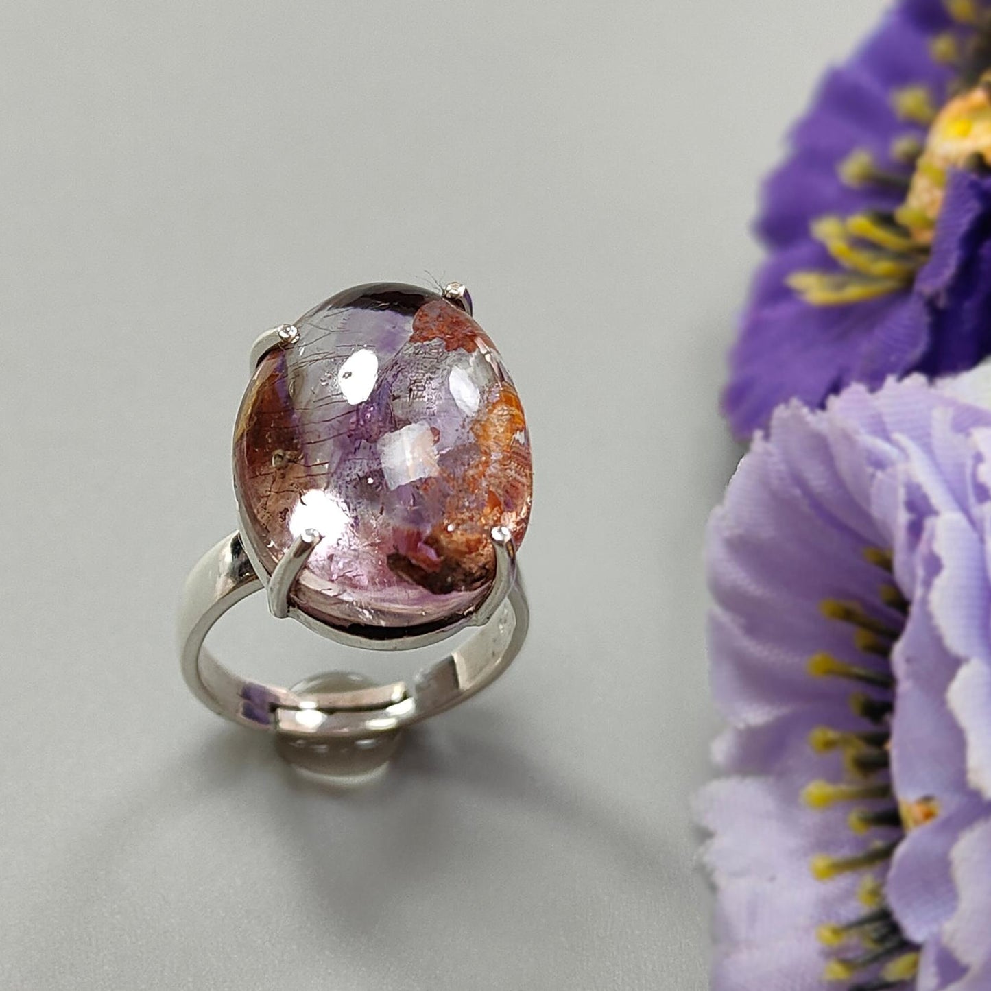 Super Seven Plain Silver Ring: 8.08gms Natural Untreated Amethyst Fancy Shape Plain 925 Sterling Silver Prong Set Adjustable Ring