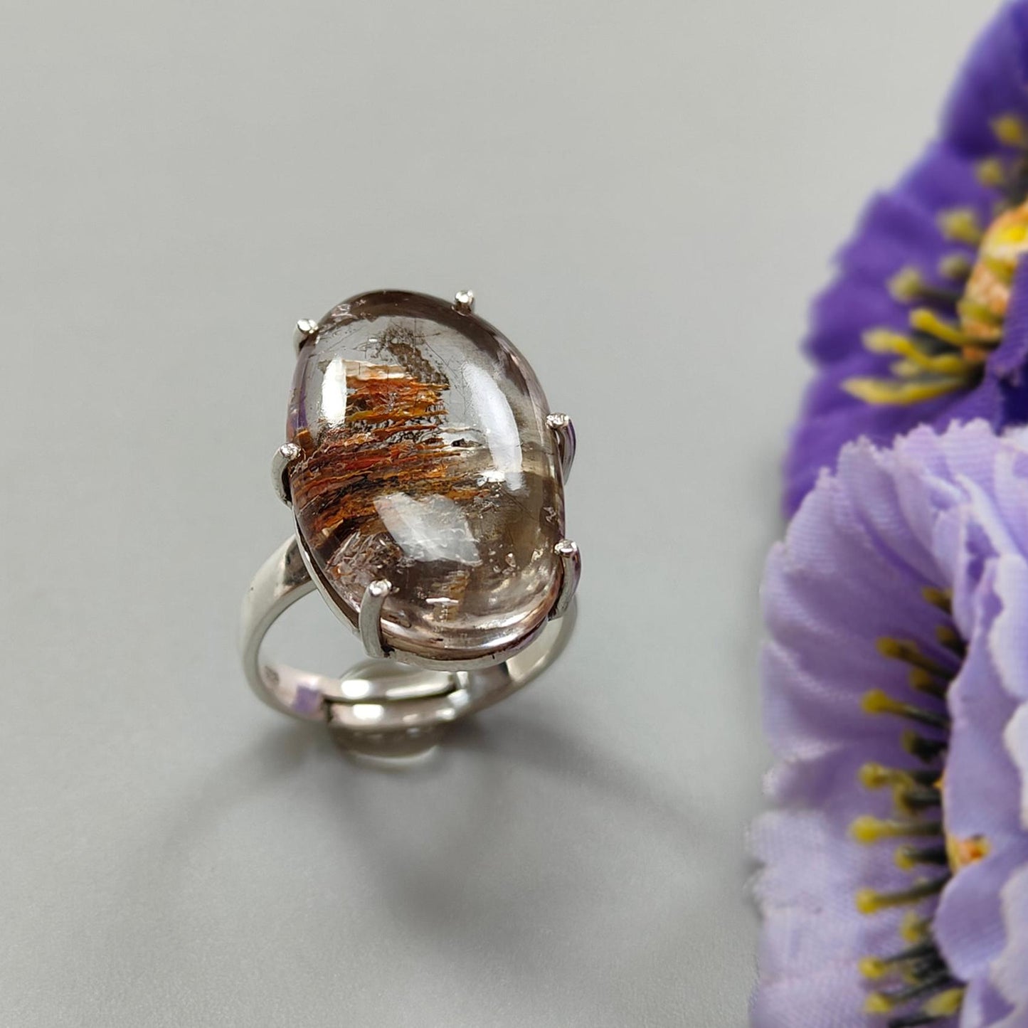 Super Seven Plain Silver Ring: 8.23gms Natural Untreated Amethyst Fancy Shape Plain 925 Sterling Silver Prong Set Adjustable Ring