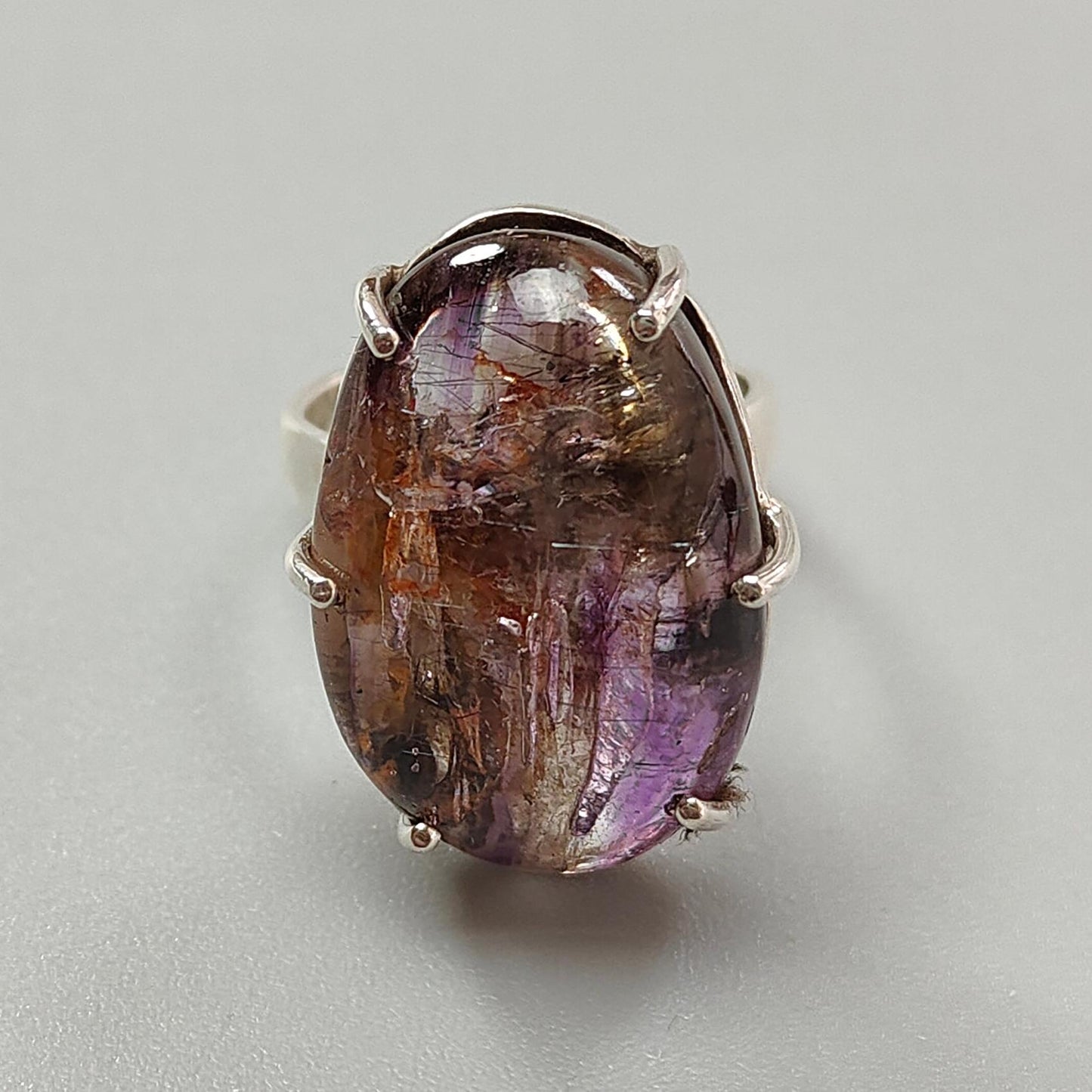 Super Seven Plain Silver Ring: 10.26gms Natural Untreated Amethyst Fancy Shape Plain 925 Sterling Silver Prong Set Adjustable Ring