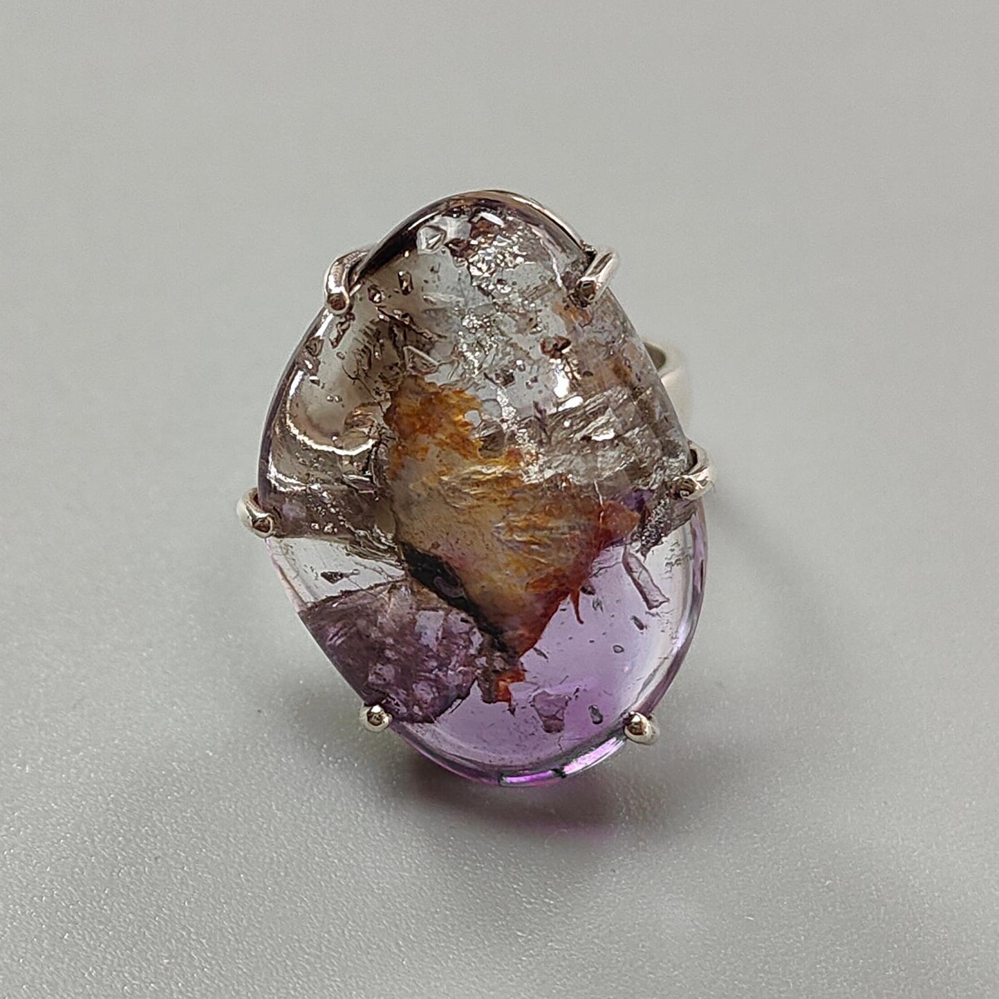 Super Seven Plain Silver Ring: 10.26gms Natural Untreated Amethyst Fancy Shape Plain 925 Sterling Silver Prong Set Adjustable Ring