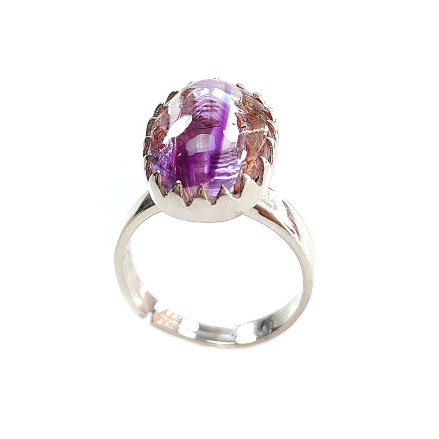 Amethyst Plain Silver Ring: 5.47gms Natural Untreated Super Seven Amethyst Oval Shape Plain 925 Sterling Silver Bezel Set Adjustable Ring