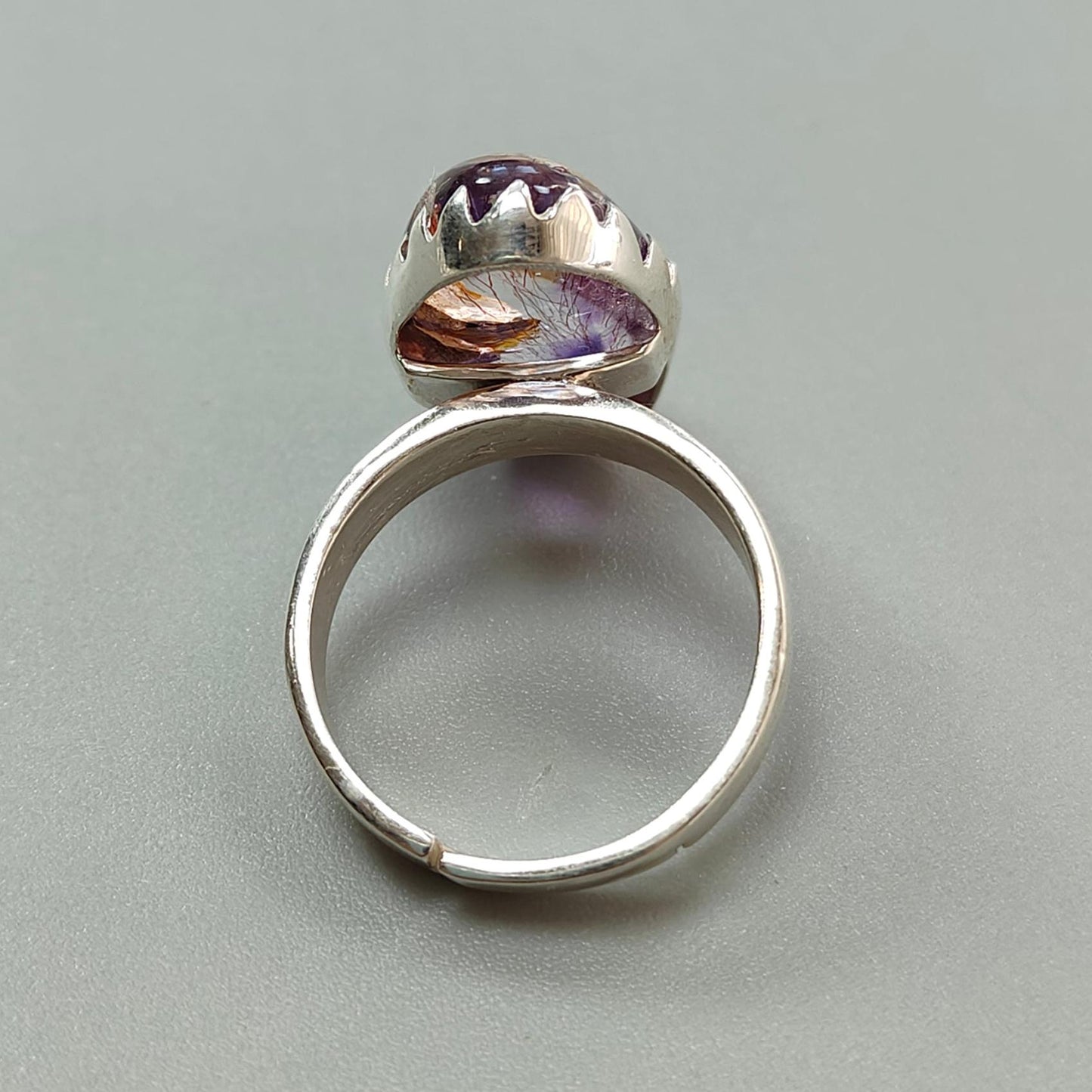 Amethyst Plain Silver Ring: 5.62gms Natural Untreated Super Seven Amethyst Fancy Shape Plain 925 Sterling Silver Bezel Set Adjustable Ring