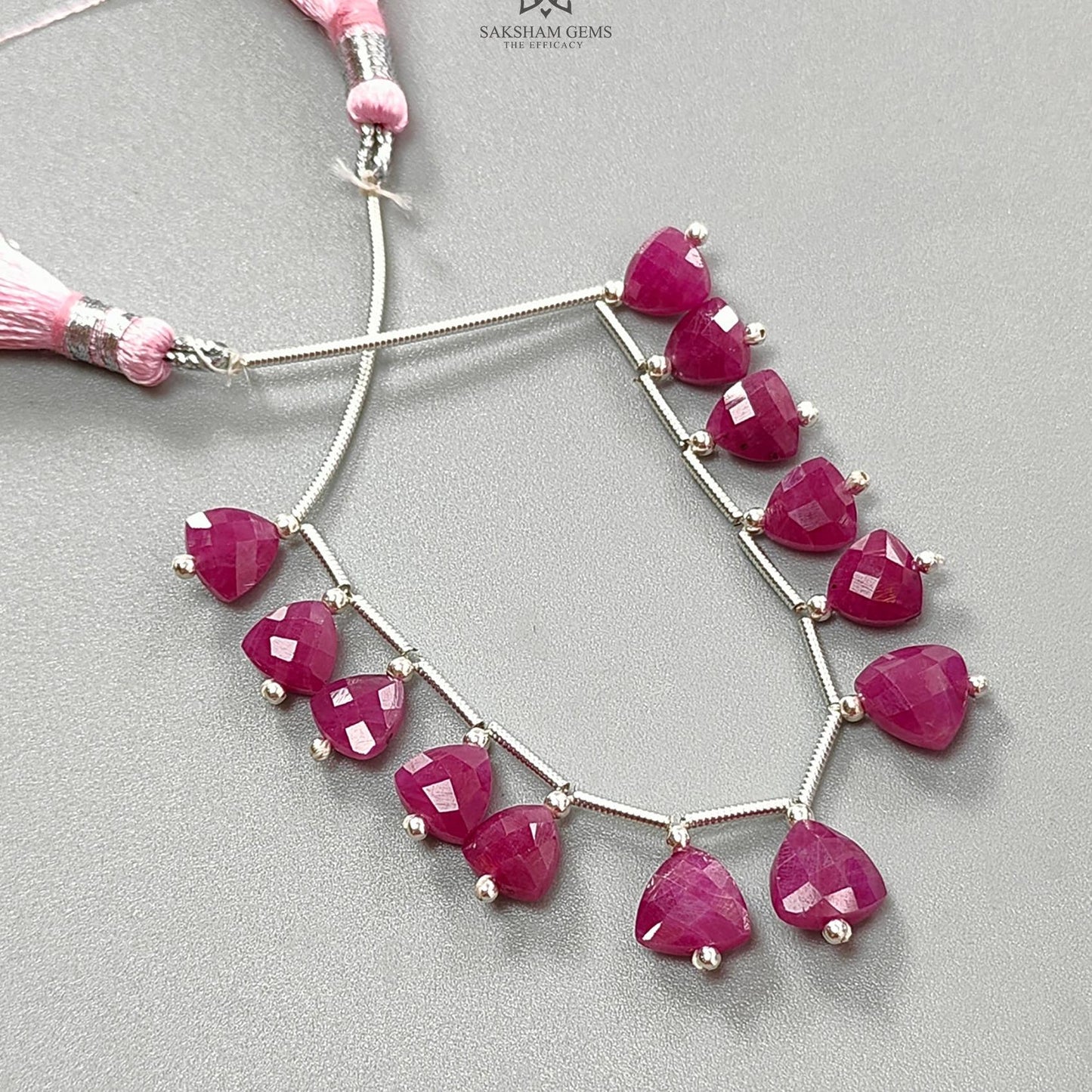 Ruby Checker Faceted Loose Beads: 30.00cts Natural Untreated Red Ruby Gemstone Triangle Shape 925 Sterling Silver Beads For Jewelry 7mm- 8mm