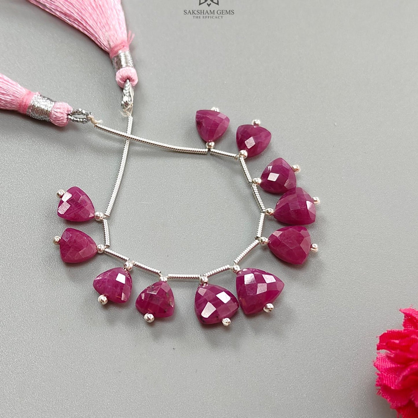 Ruby Checker Faceted Loose Beads: 34.70cts Natural Untreated Red Ruby Gemstone Triangle Shape 925Sterling Silver Beads For Jewelry 8mm- 10mm