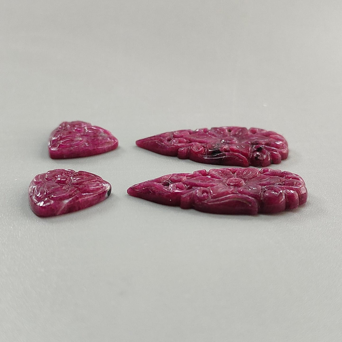 Ruby Gemstone Carving: 62.20cts Natural Untreated Unheated Red Ruby Hand Carved Fancy Shape 16mm - 34*17mm 4pcs Set July Birthstone