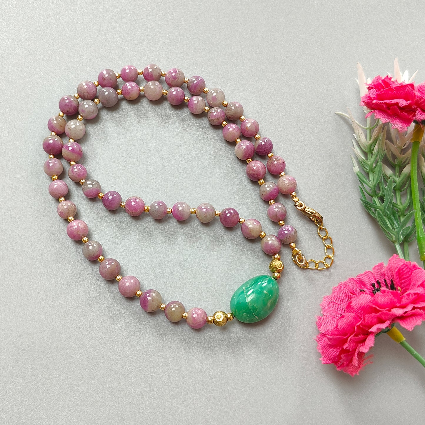 Zoisite Ruby Necklace Earring Jewelry Set: 209.40cts Natural Untreated Ruby, Chrysoprase Round Plain Brass Jewelry Set 7mm 18"