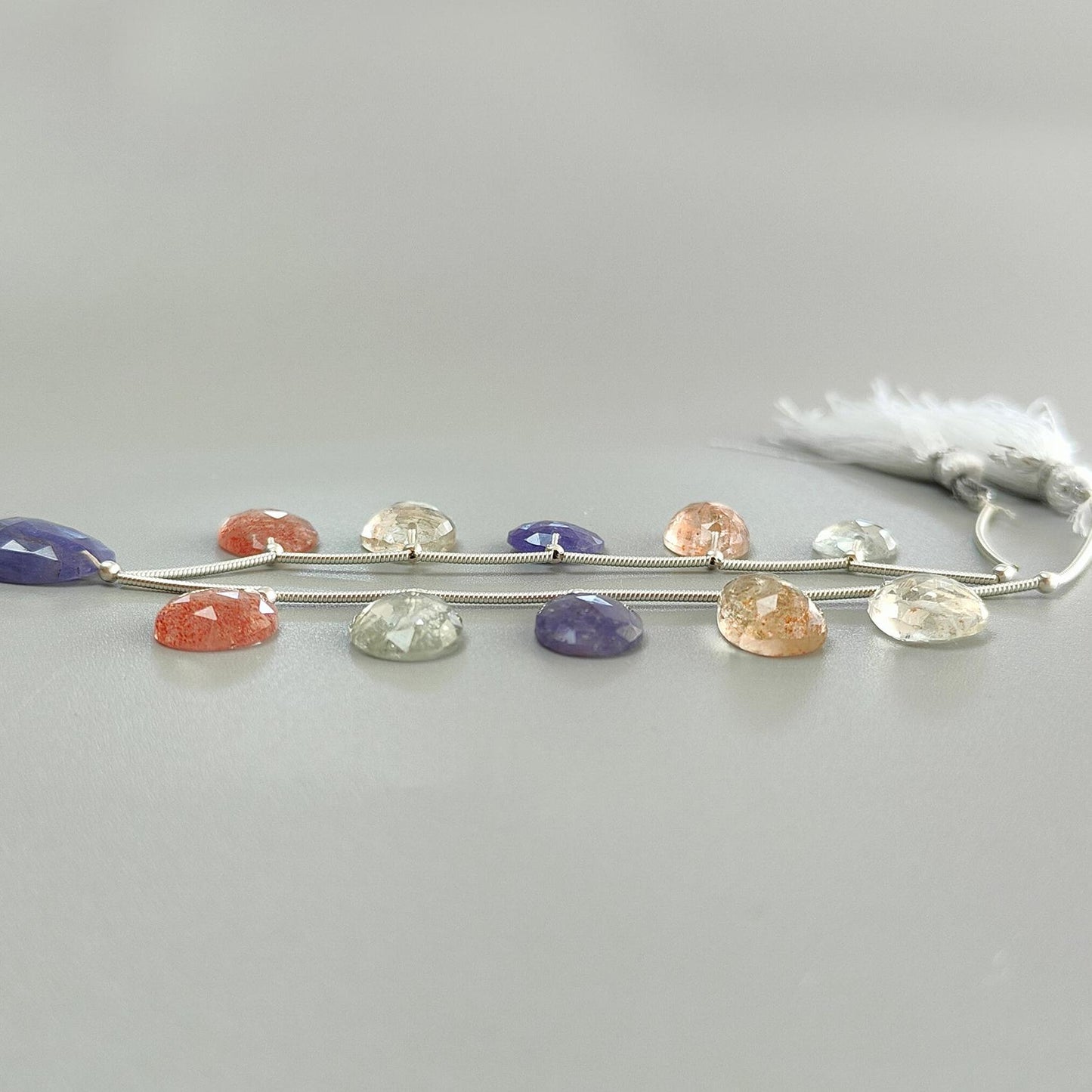 Oregon Sunstone & Blue Tanzanite Faceted Loose Beads: 56.00cts Natural Sunstone Rose Cut Egg Shape 925 Silver Loose Beads 12*9mm - 18*14mm