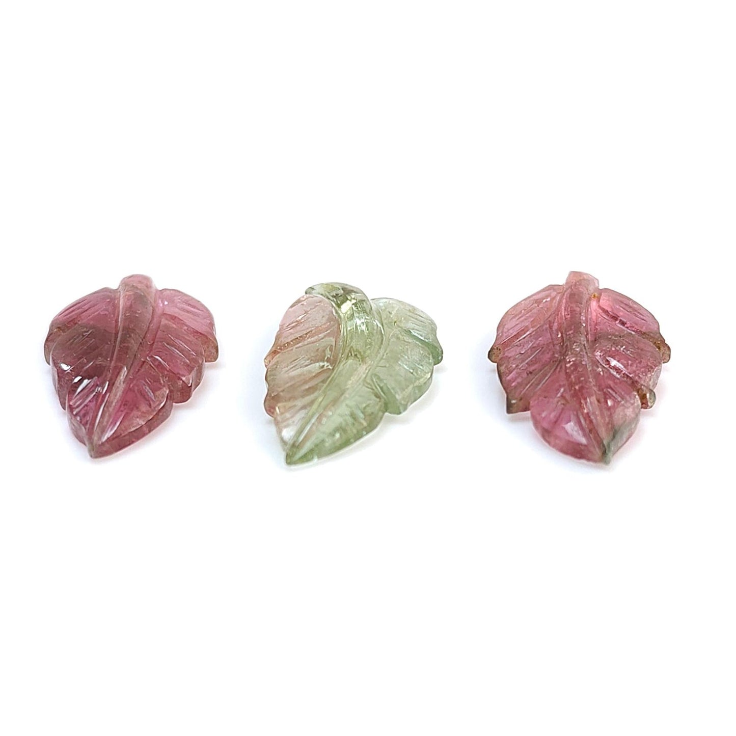 Watermelon Tourmaline Gemstone Carving: Natural Untreated Unheated Bi-Color Tourmaline Hand Carved Leaves 3pcs Set October Birthstone