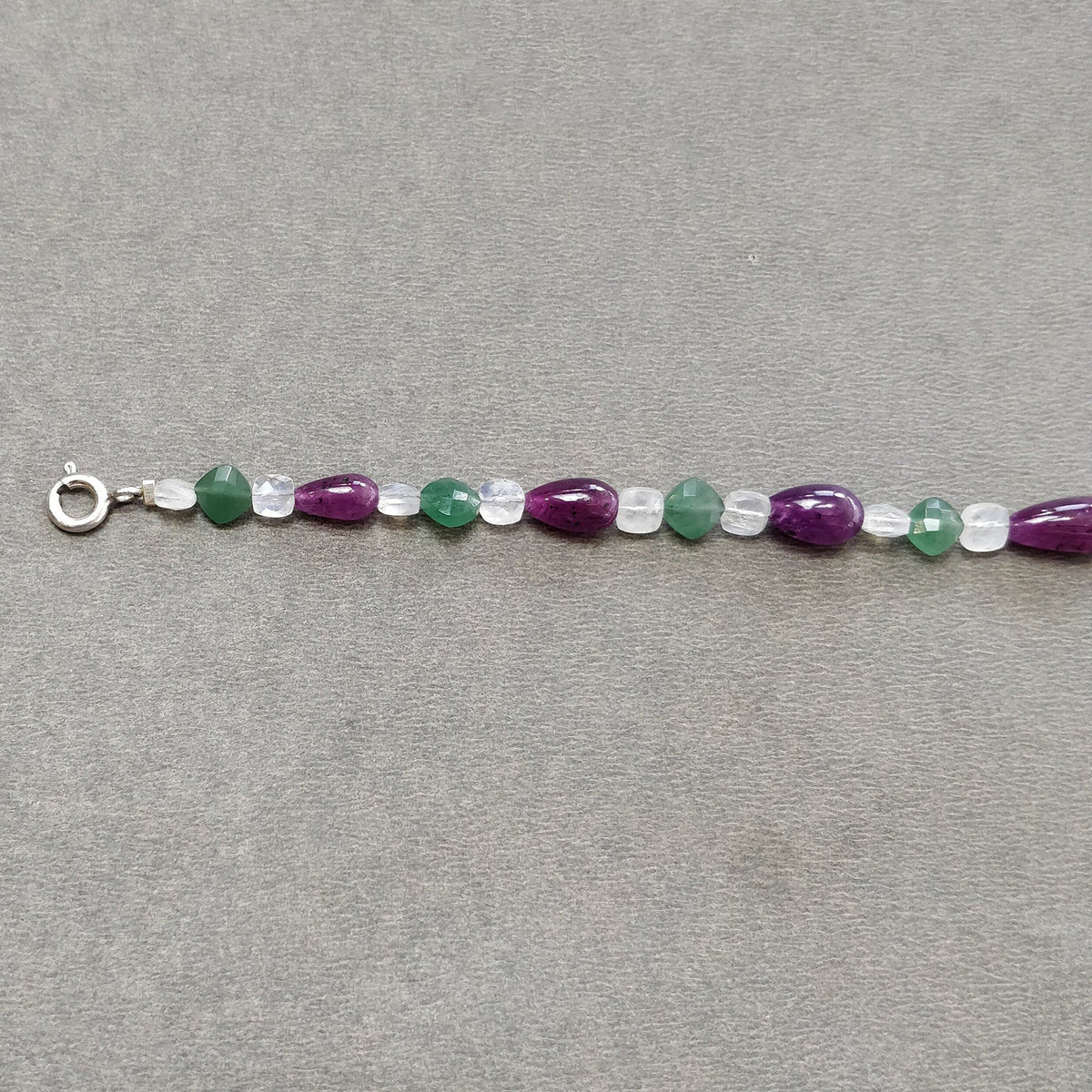 7.77gms Natural Ruby, Moonstone & Quartzite Plain Beads 925 Sterling Silver Bracelet 9"