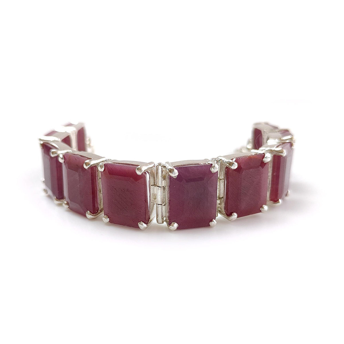 52.06gms Natural Ruby Plain Gemstone Baguette Shape 925 Silver Prong Set Bracelet 5.50"