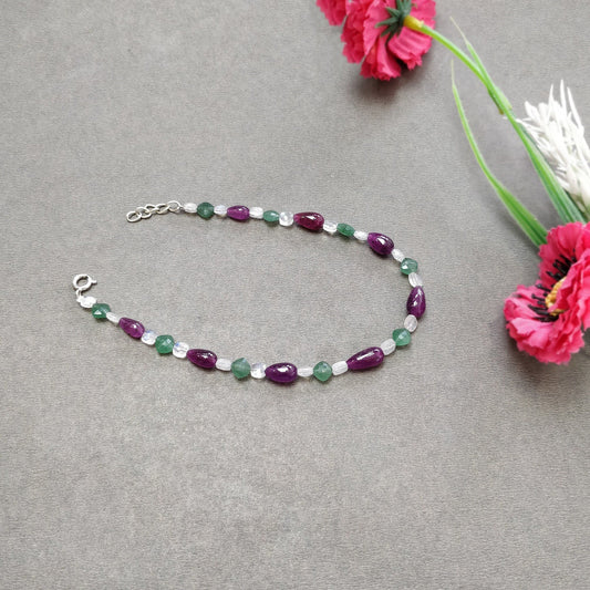 7.77gms Natural Ruby, Moonstone & Quartzite Plain Beads 925 Sterling Silver Bracelet 9"