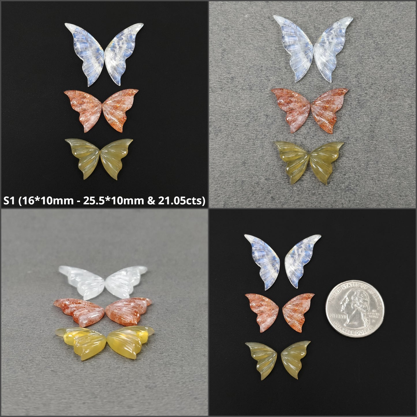 Opal Sunstone & Rainbow Moonstone Gemstone Carving : Natural Untreated Unheated Hand Carved Butterfly 3 Pair Set