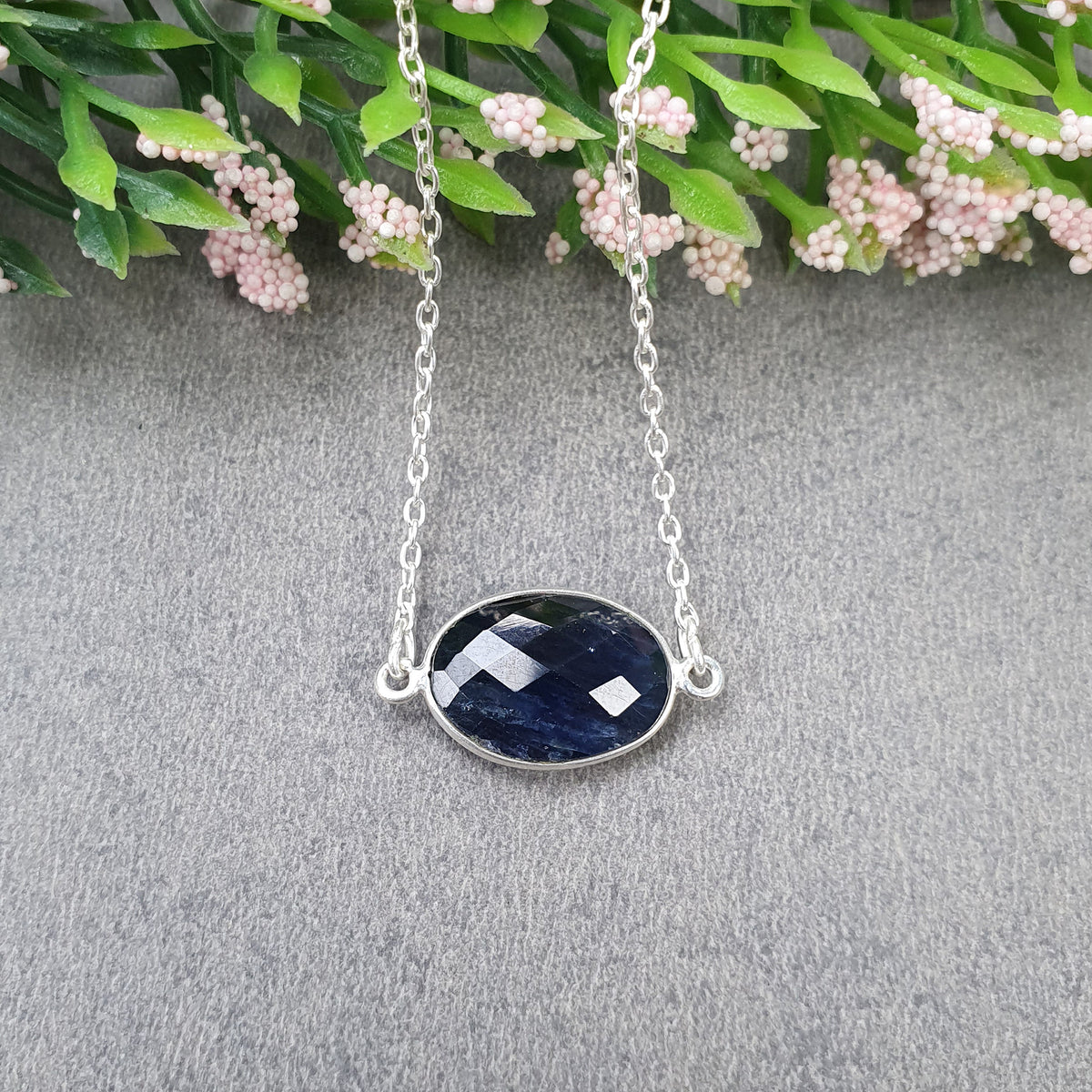 5.05gms Blue Sapphire Gemstone Checker Cut 925 Sterling Silver Chain Necklace 18"