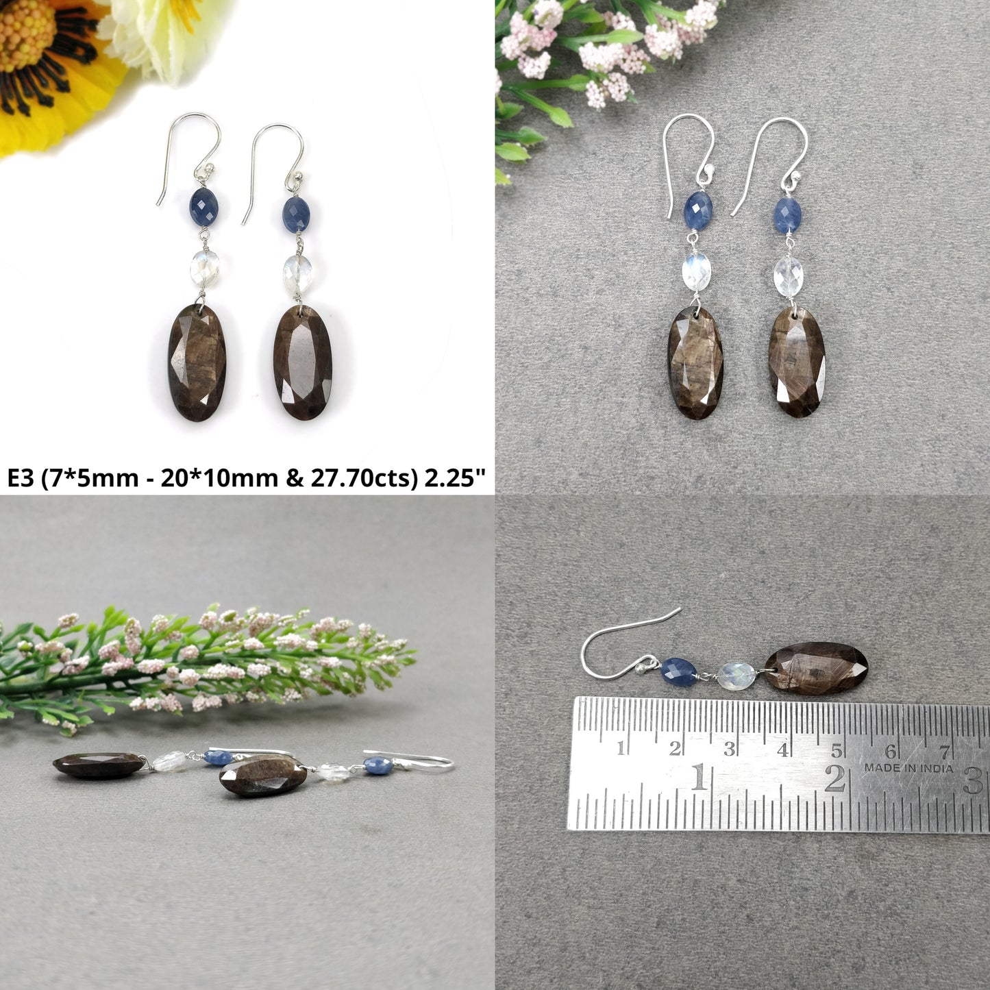 Sapphire & Moonstone Gemstone Earring : Natural Untreated Chocolate Sapphire 925 Sterling Silver Drop Dangle Hook Earring