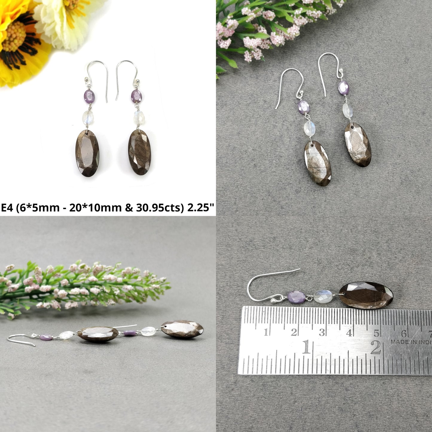 Sapphire & Moonstone Gemstone Earring : Natural Untreated Chocolate Sapphire 925 Sterling Silver Drop Dangle Hook Earring