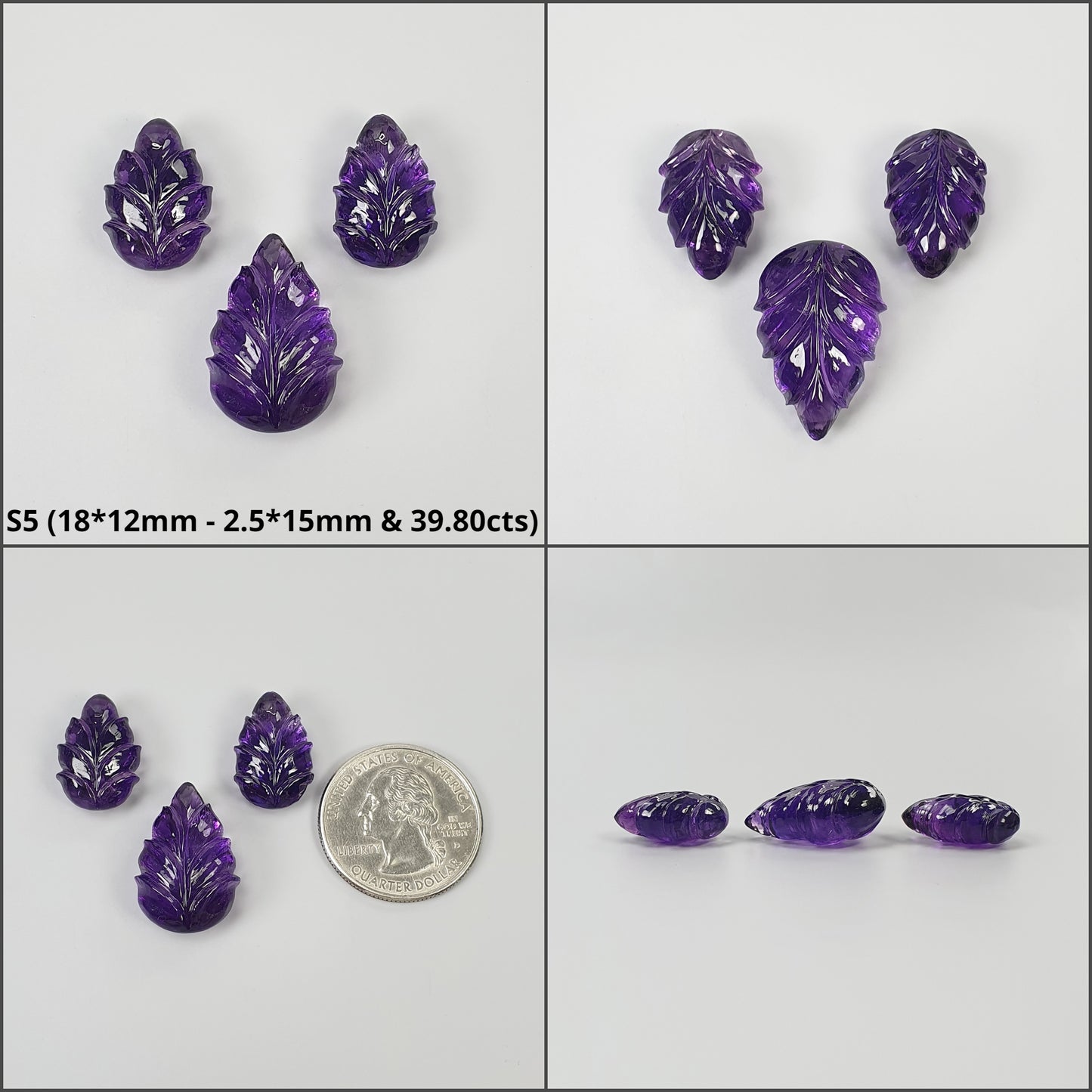 Amethyst Gemstone Carving : Natural Untreated Purple Amethyst Hand Carved Uneven Shape Leaves 3pcs Set