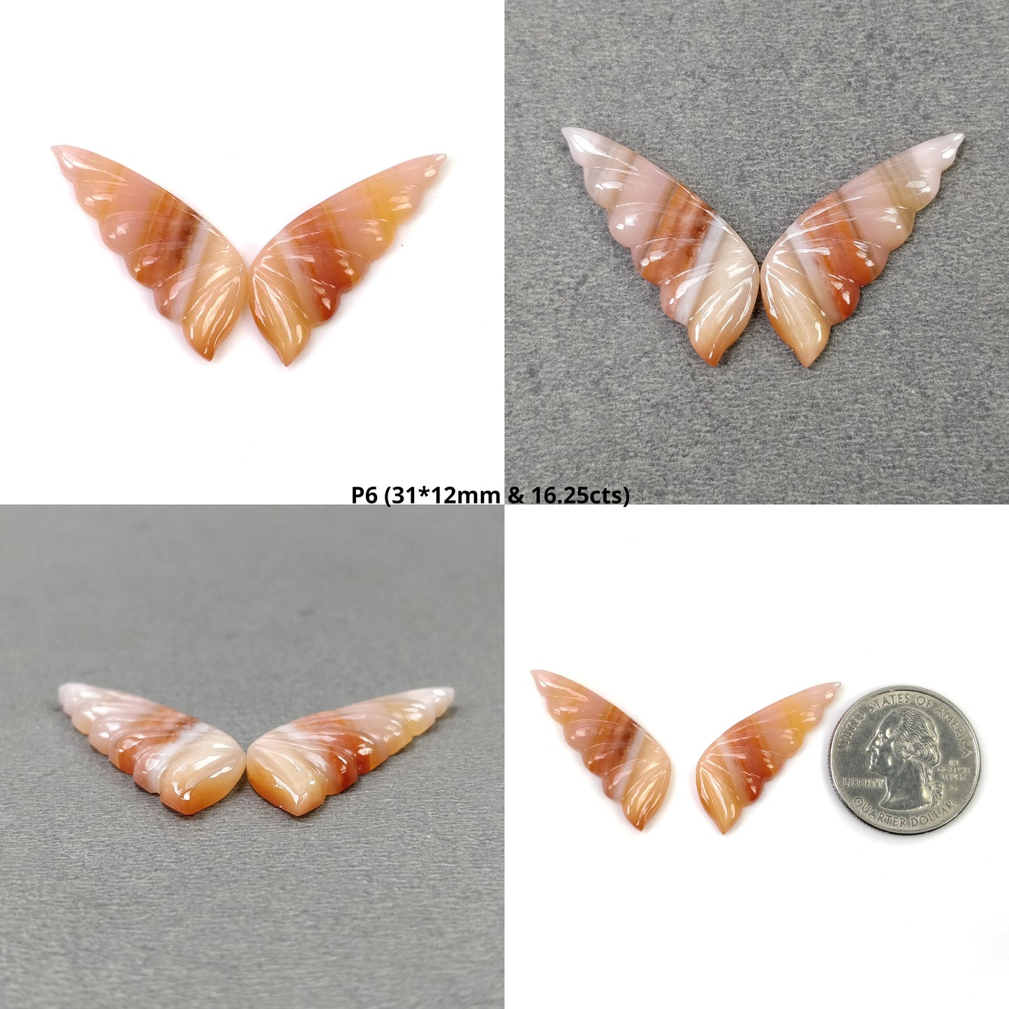 Botswana Striped AGATE Gemstone Carving : Natural Untreated Bi-Color Agate Hand Carved BUTTERFLY 29*12mm - 31*12mm Pair