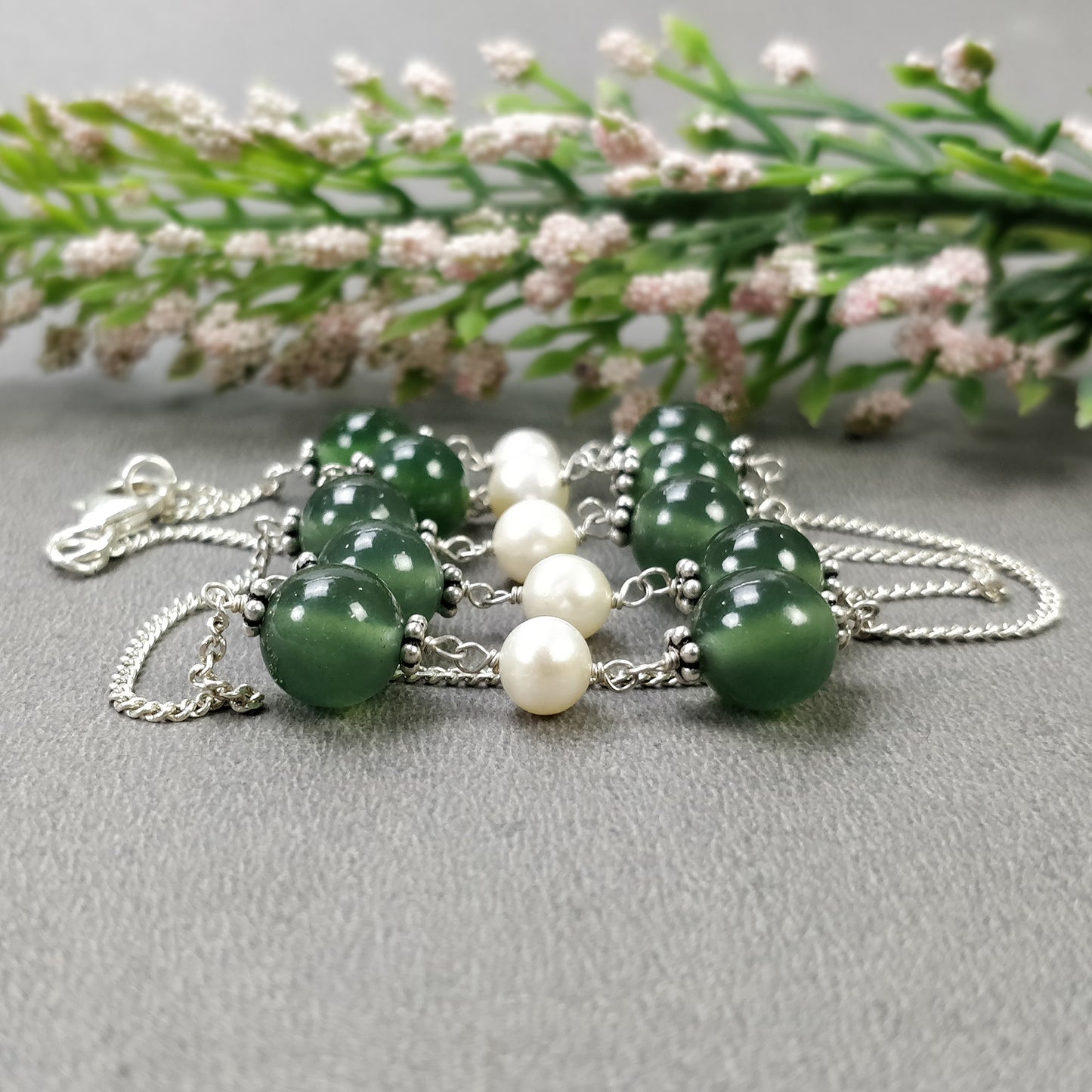Green SERPENTINE & White PEARL Gemstones Beads Chain NECKLACE : 925 Sterling Silver Natural Round Cabochon 17" Statement Necklace