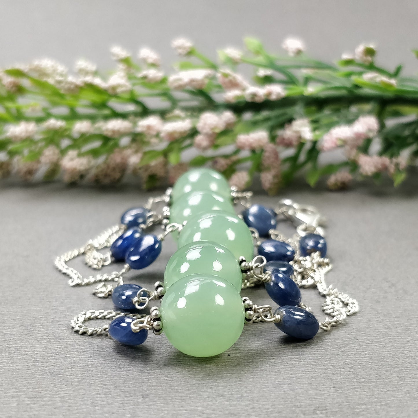 Green SERPENTINE & Blue SAPPHIRE Gemstones Beads Chain NECKLACE : 925 Sterling Silver Natural Round Cabochon 19" Statement Necklace
