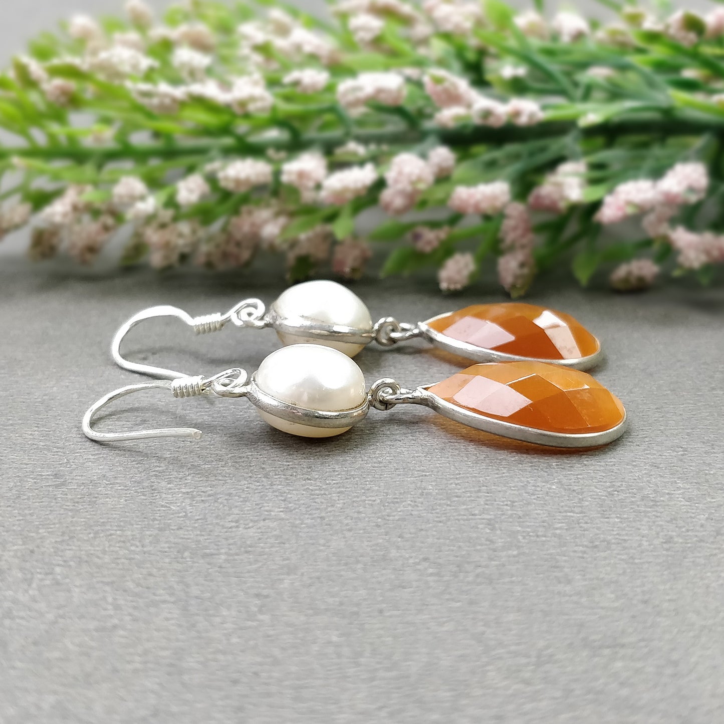 PEARL & Synthetic Rhinestone Gemstone 925 Sterling Silver Earring : 7.11gms Manmade Bezel Set Drop Dangle Hook Earrings 2"