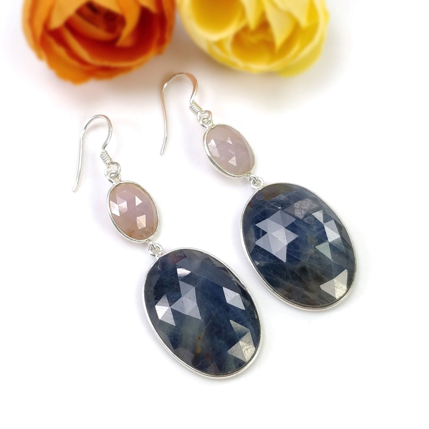 15.20gms Natural Sapphire Gemstone 925 Silver Drop Dangle Bezel Set Hook Earring 2.35"
