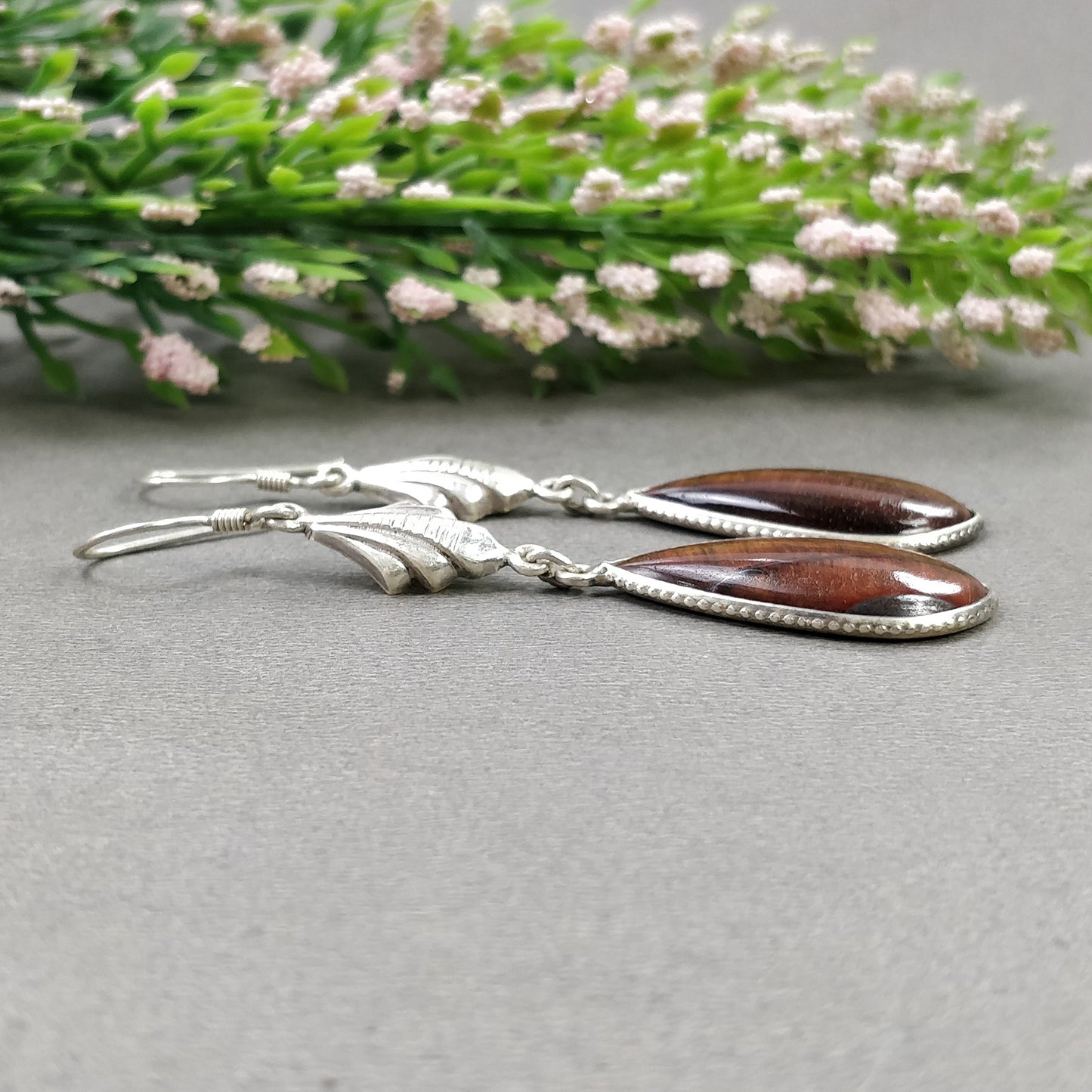 TIGER EYE Gemstone Earrings : 7.08gms Natural Tiger Eye 925 Sterling Silver Brown Cabochon Bezel Set Drop Dangle Earring 2.75"