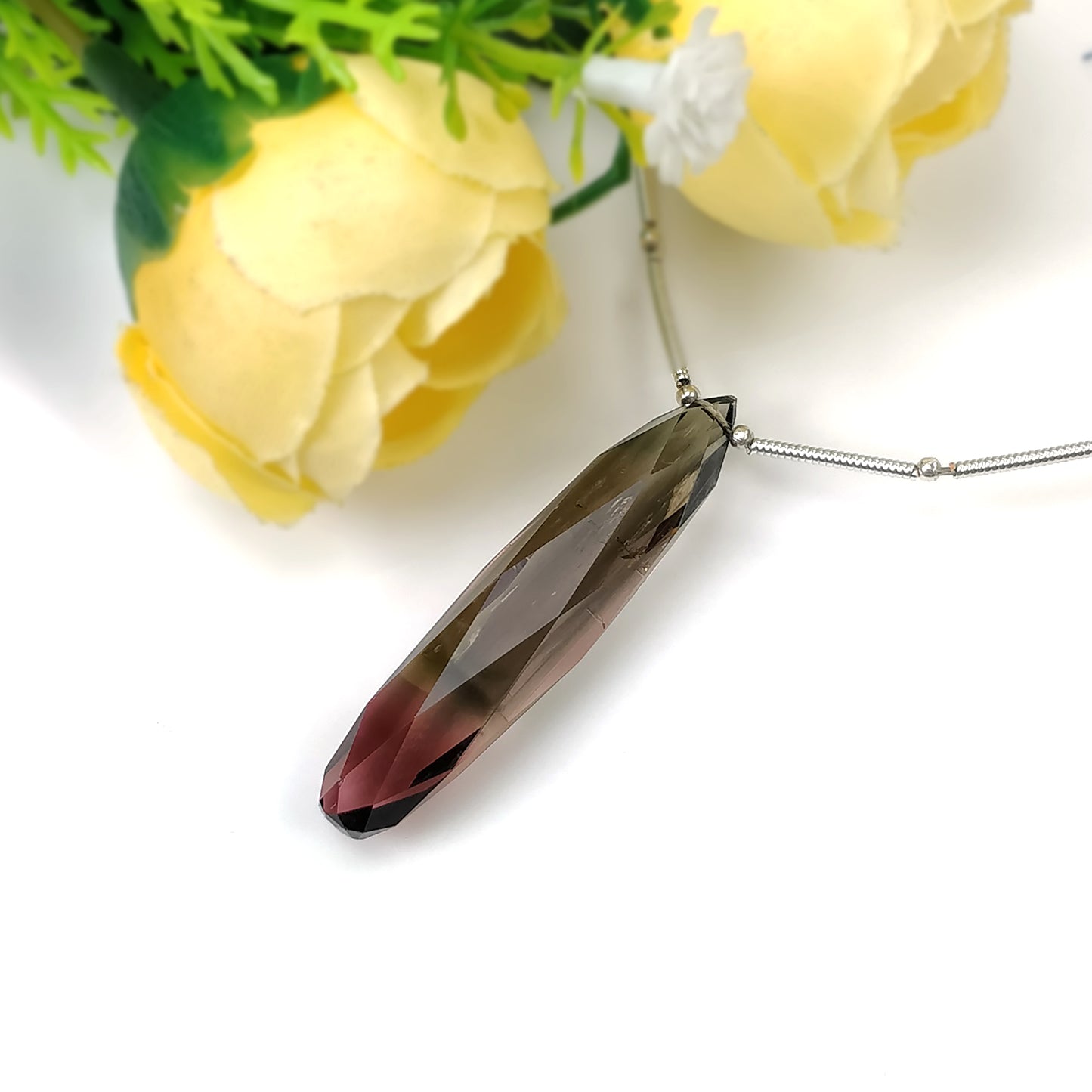 Watermelon TOURMALINE Gemstone Loose Beads : 26.70cts Natural Untreated Bi-Color Tourmaline Faceted Checker Cut Drop 40.5mm