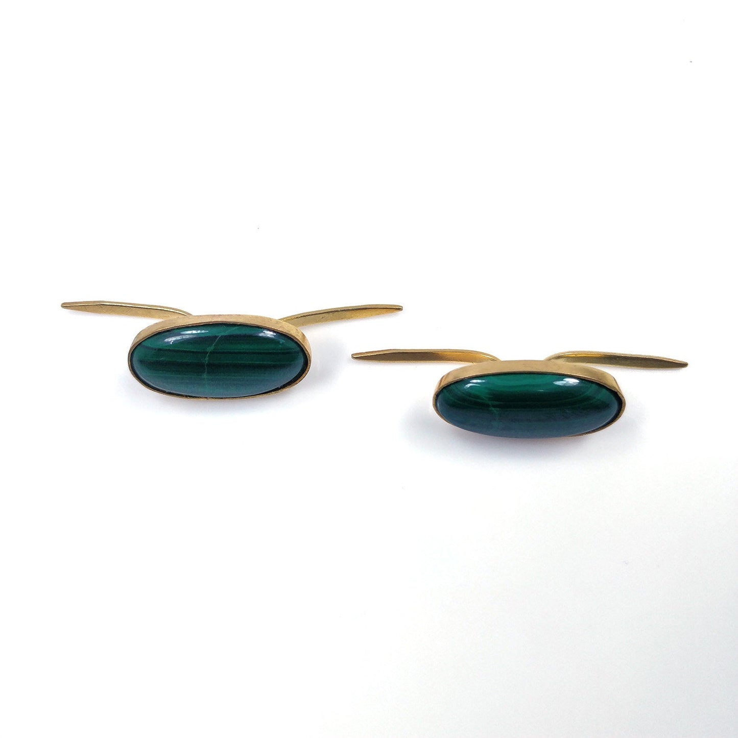 GREEN MALACHITE Gemstone PIN : 9.60gms Natural Untreated Malachite Gemstone Oval Cabochon Brass Gold Plated Lapel Pins 25*13.5mm*5(h) Pair