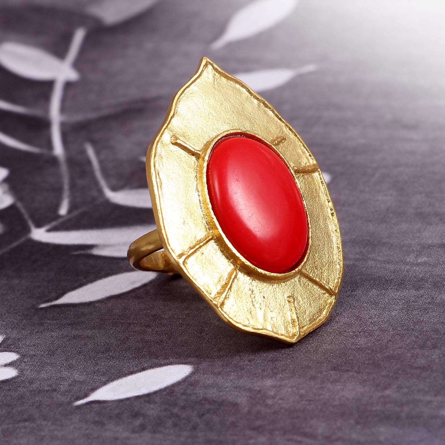 Brass Gold Plated Big Oval Natural Red Coral Gemstone Ring Boho Handmade Modern Ring Traditional Ring Brass Fashion Charm Ring Gift For Her