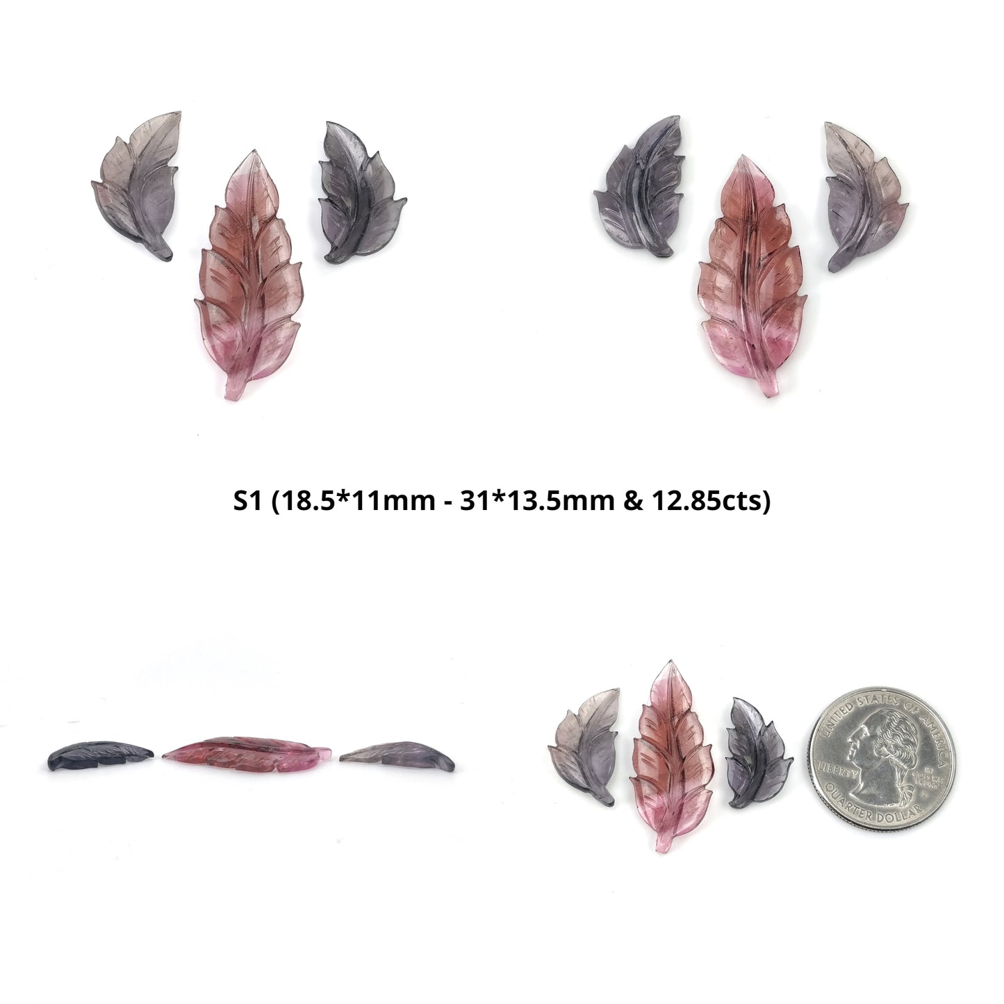 Watermelon TOURMALINE Gemstone Carving : Natural Untreated Unheated Bi-Color Tourmaline Hand Carved Leaf 3pcs Set