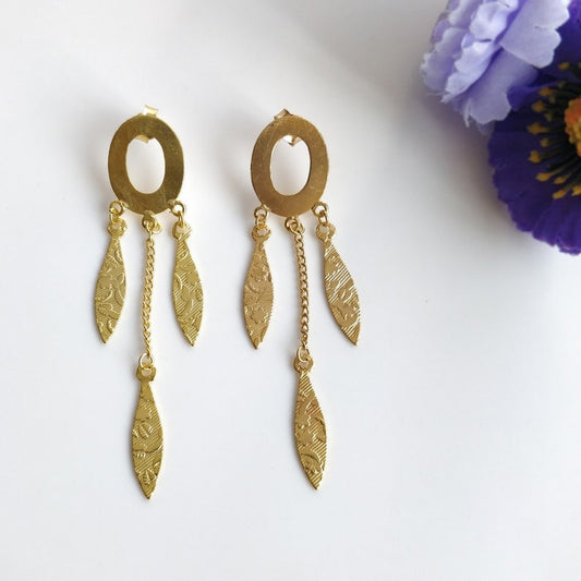 Handmade Brass Earring : 3" 18k Gold Plated 04.00GMS Brass Boho Style Drop Dangle Leaf Push Back Earring Gift For Her