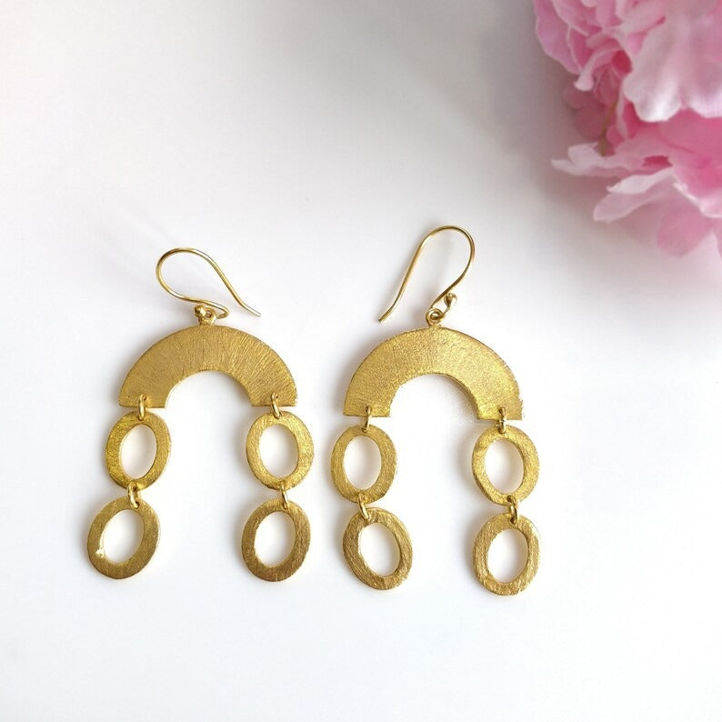 Handmade Brass Earring : 6*3CM 18k Gold Plated 8.00GMS Brass Boho Style Brush Texture Oval Drop Dangle Hook Earring Gift For Her