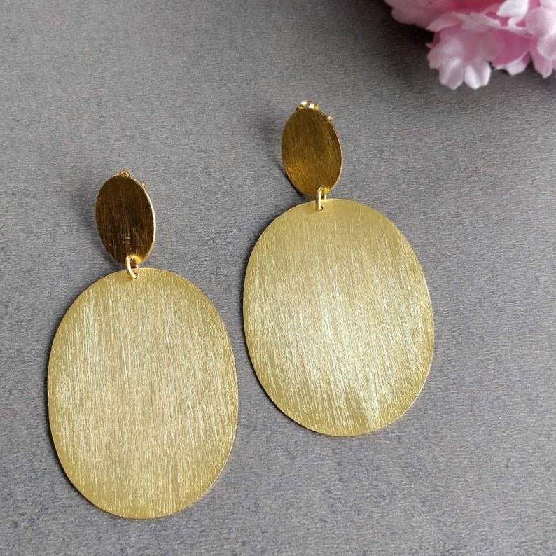 Handmade Brass Earring : 2.50" 18k Gold Plated 14.00GMS Brass Boho Style Push Back Drop Dangle Oval Shape Earring Gift For Her