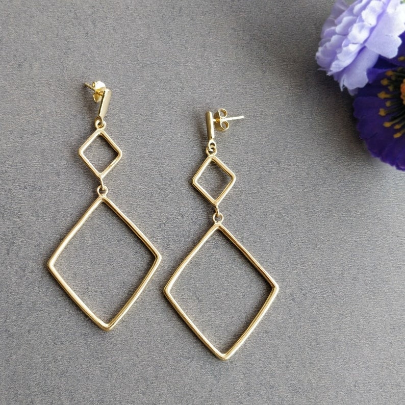 Handmade Brass Earring : 3.00" 18k Gold Plated 8.00gms Brass Boho Style Marquoise Design Drop Dangle Push Back Earring Gift For Her