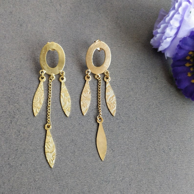 Handmade Brass Earring : 3" 18k Gold Plated 04.00GMS Brass Boho Style Drop Dangle Leaf Push Back Earring Gift For Her