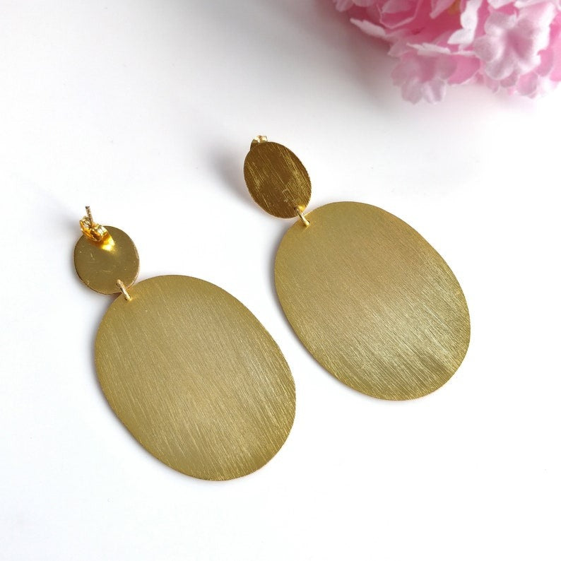 Handmade Brass Earring : 2.50" 18k Gold Plated 14.00GMS Brass Boho Style Push Back Drop Dangle Oval Shape Earring Gift For Her