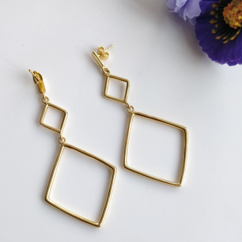 Handmade Brass Earring : 3.00" 18k Gold Plated 8.00gms Brass Boho Style Marquoise Design Drop Dangle Push Back Earring Gift For Her