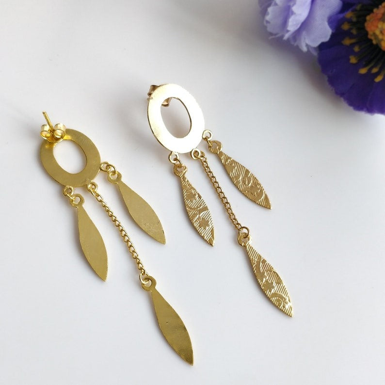 Handmade Brass Earring : 3" 18k Gold Plated 04.00GMS Brass Boho Style Drop Dangle Leaf Push Back Earring Gift For Her