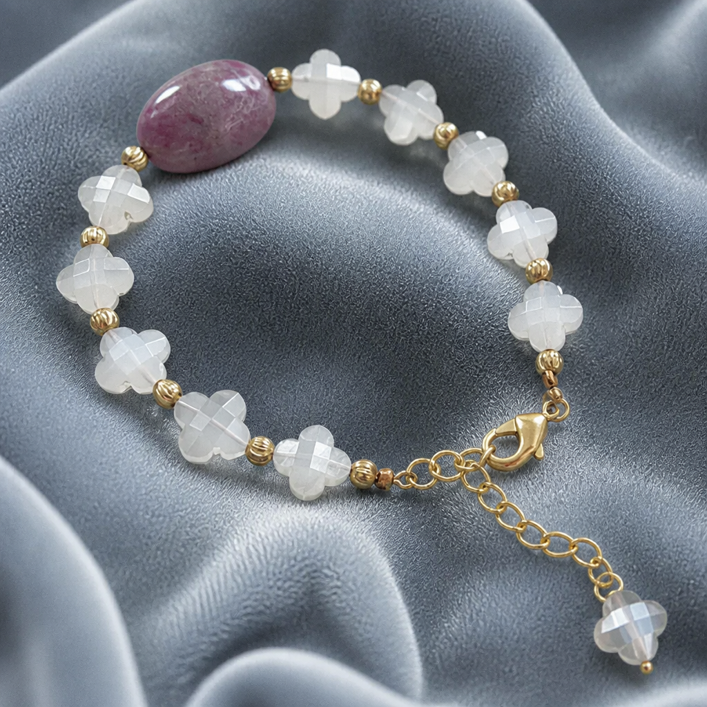 Gray Moonstone Beads Bracelet: 71.10cts Natural Zoisite Ruby Fancy Both Side Faceted Checker Cut Brass Bracelet 9mm - 22*15mm 6"