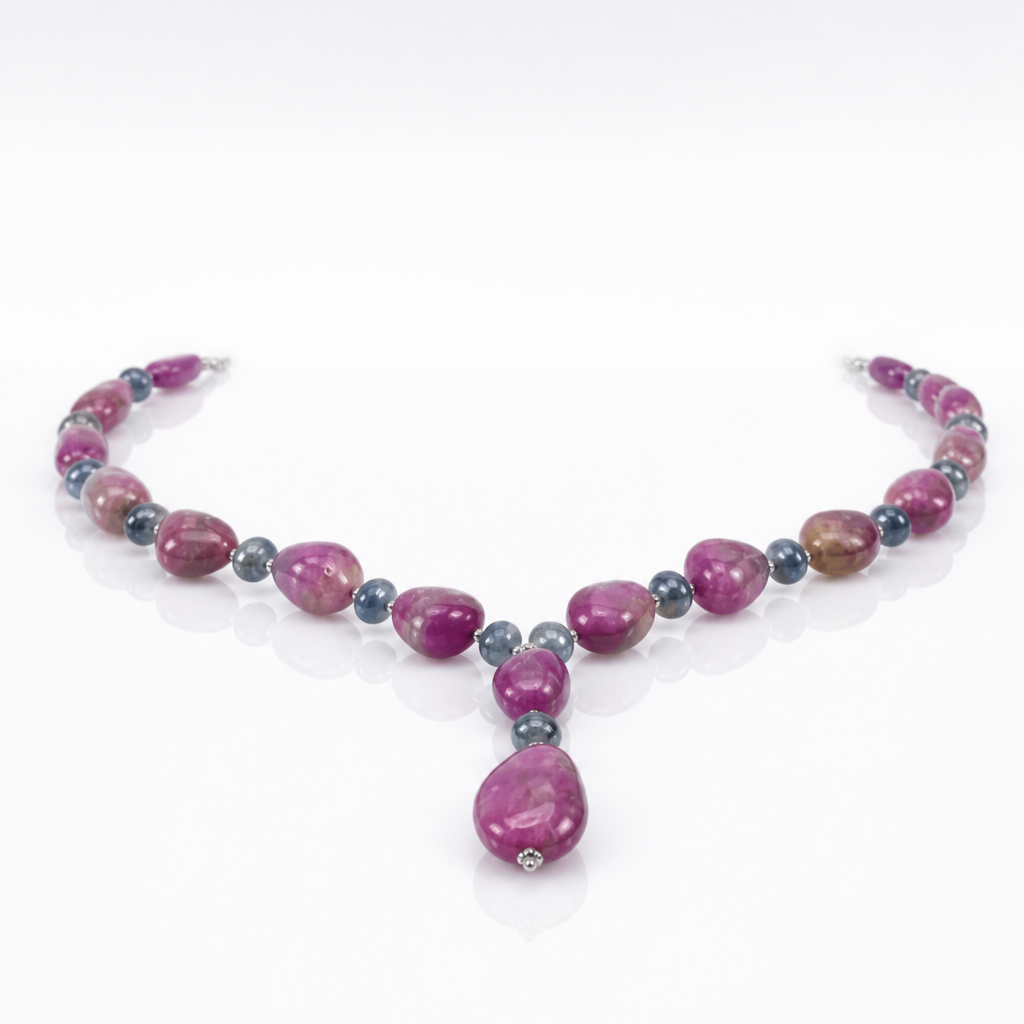 Ruby & Blue Sapphire Gemstone NECKLACE: 74.38gms Natural Untreated Bi-Color Zoisite Ruby 925 Sterling Silver 7mm - 21*16mm 19.5"