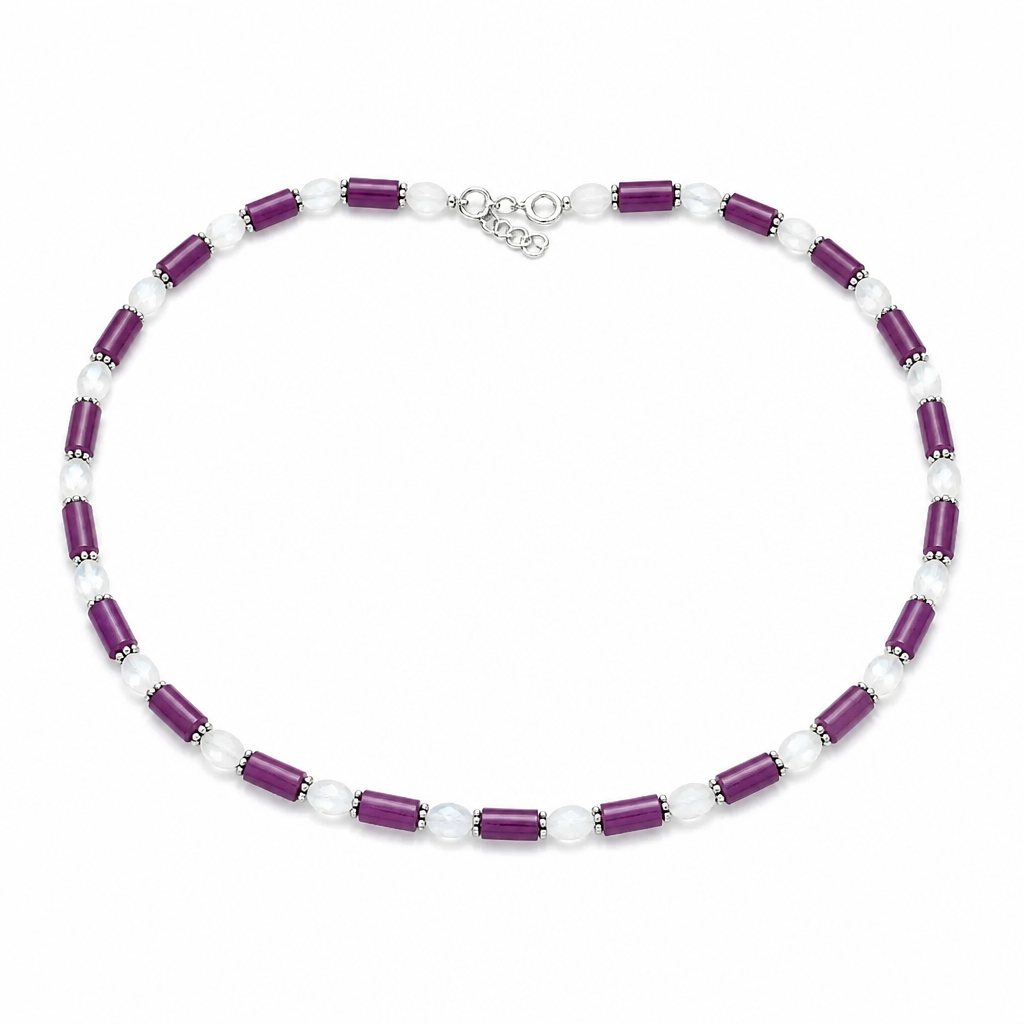 Ruby, Moonstone Silver Beads Necklace