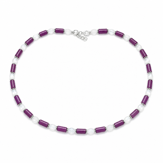 Ruby, Moonstone Silver Beads Necklace