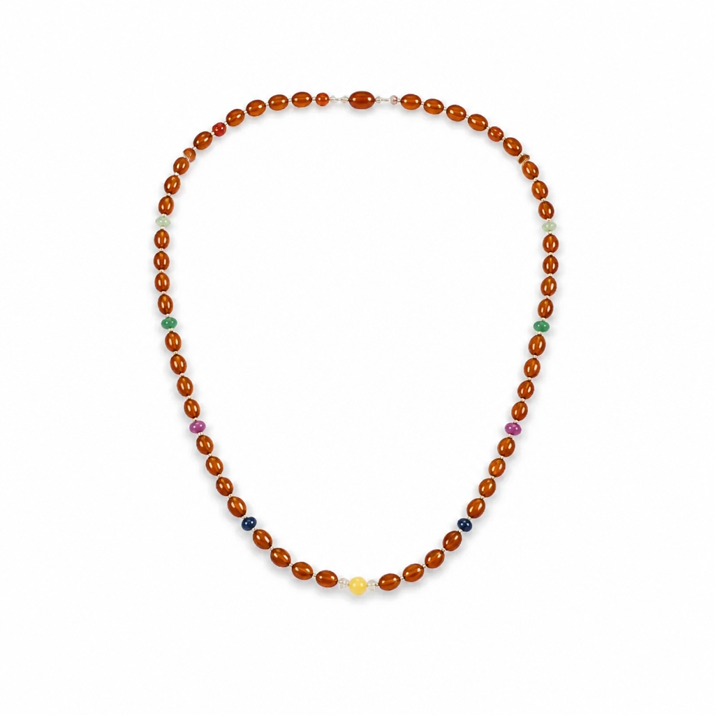 Hessonite Garnet Blue Sapphire Coral Diamond Emerald Cat's Eye Ruby Pearl Nav Ratan Necklace: 13.22gms Natural 5mm- 6.5*5mm 18"