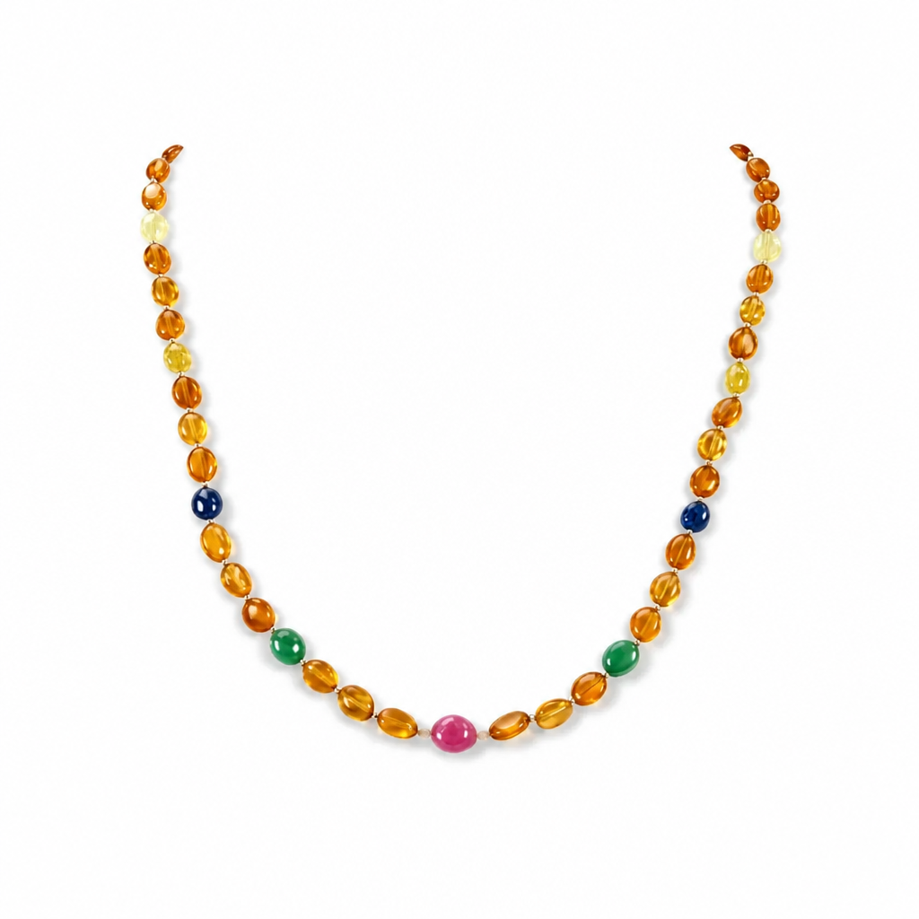Hessonite Garnet Blue Yellow Sapphire Coral Diamond Emerald Cat's Eye Ruby Pearl Nav Ratan Necklace: 16.53gms Natural 9*7mm 18"