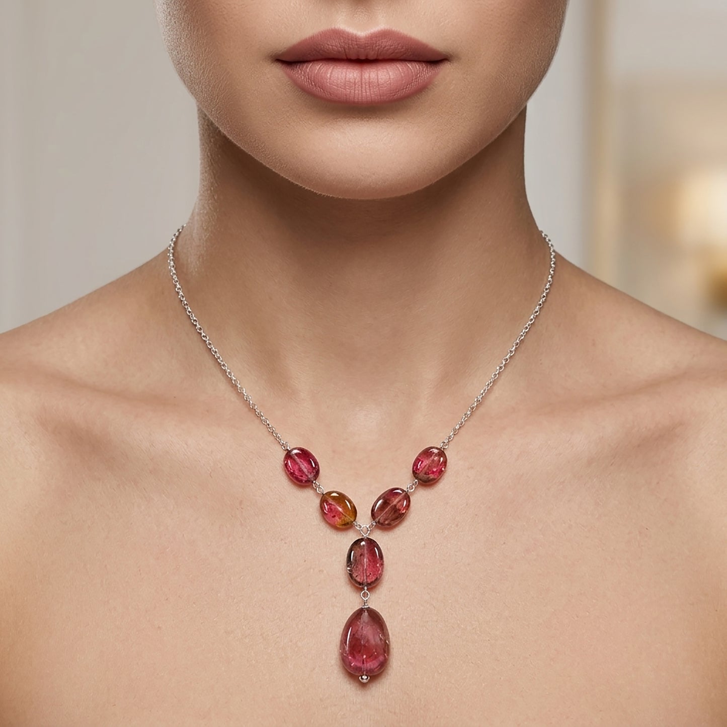 Rubellite Pink Tourmaline Beads Chain Necklace: 52.00cts Natural Untreated Tourmaline 925 Sterling Silver Plain Oval 10*7.5mm - 15*12mm 22"