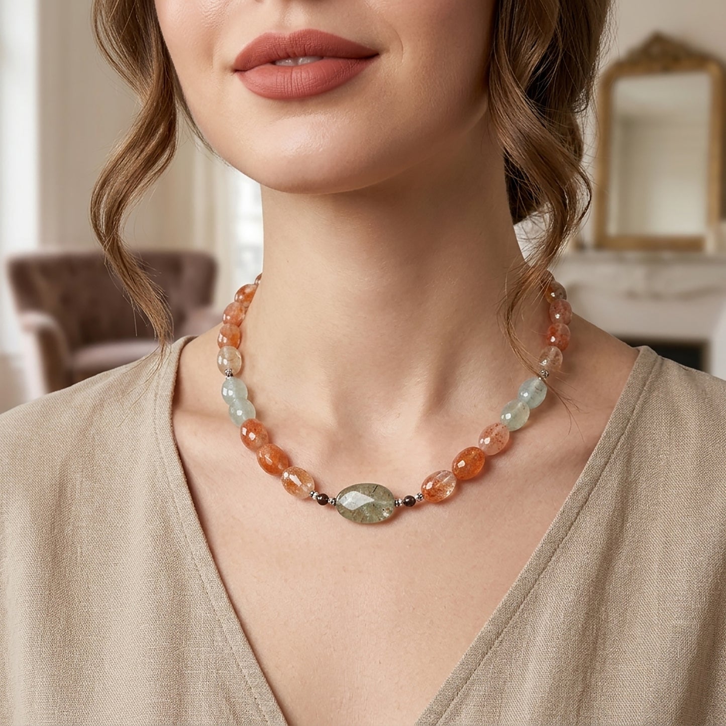 Oregon Sunstone Gemstone Beads Necklace : 155.20cts Natural Untreated Golden Brown sapphire Round Oval 925 Sterling Silver 19" Necklace