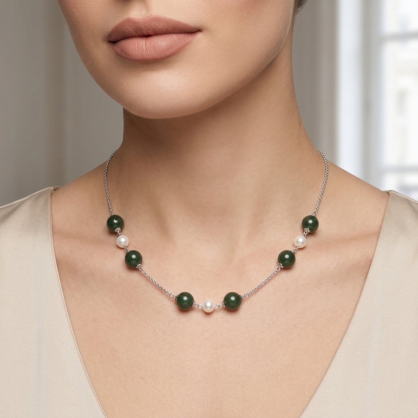 Green SERPENTINE & White PEARL Gemstones Beads Chain NECKLACE : 925 Sterling Silver Natural Round Cabochon 17" Statement Necklace