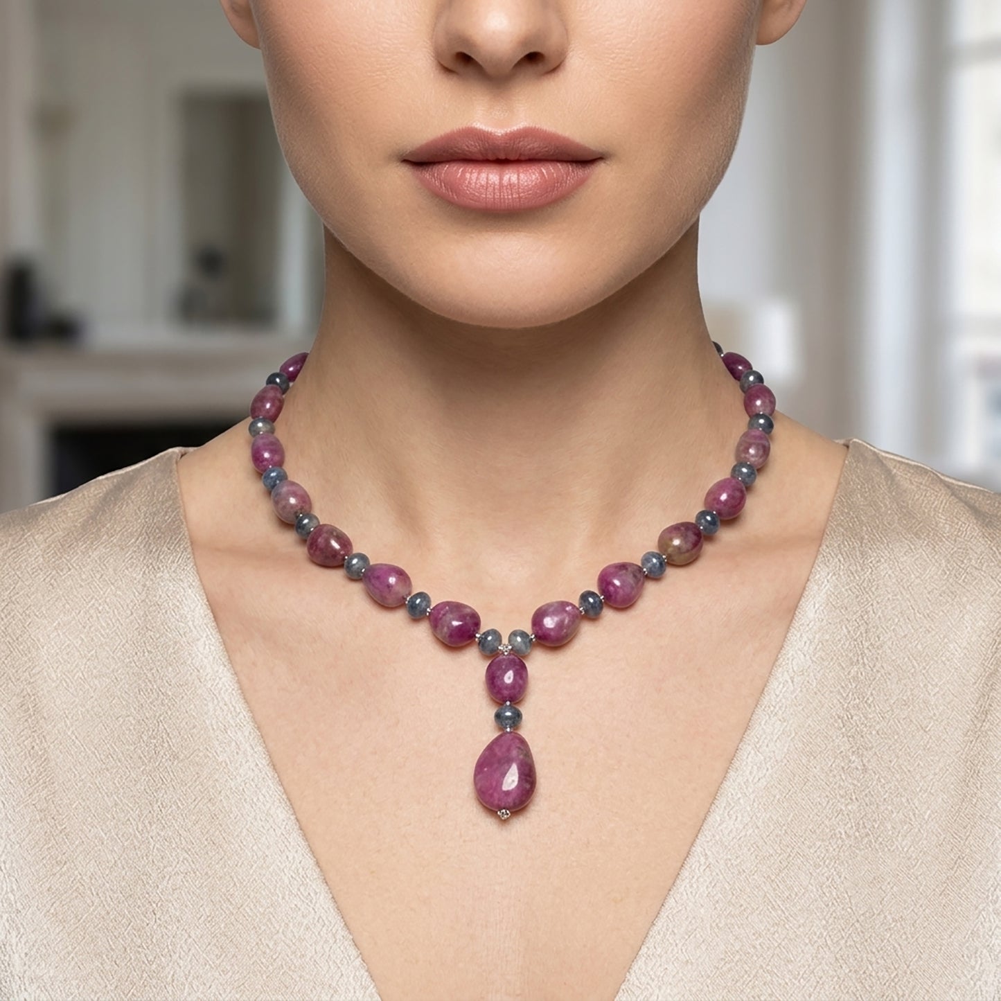 Ruby & Blue Sapphire Gemstone NECKLACE: 74.38gms Natural Untreated Bi-Color Zoisite Ruby 925 Sterling Silver 7mm - 21*16mm 19.5"