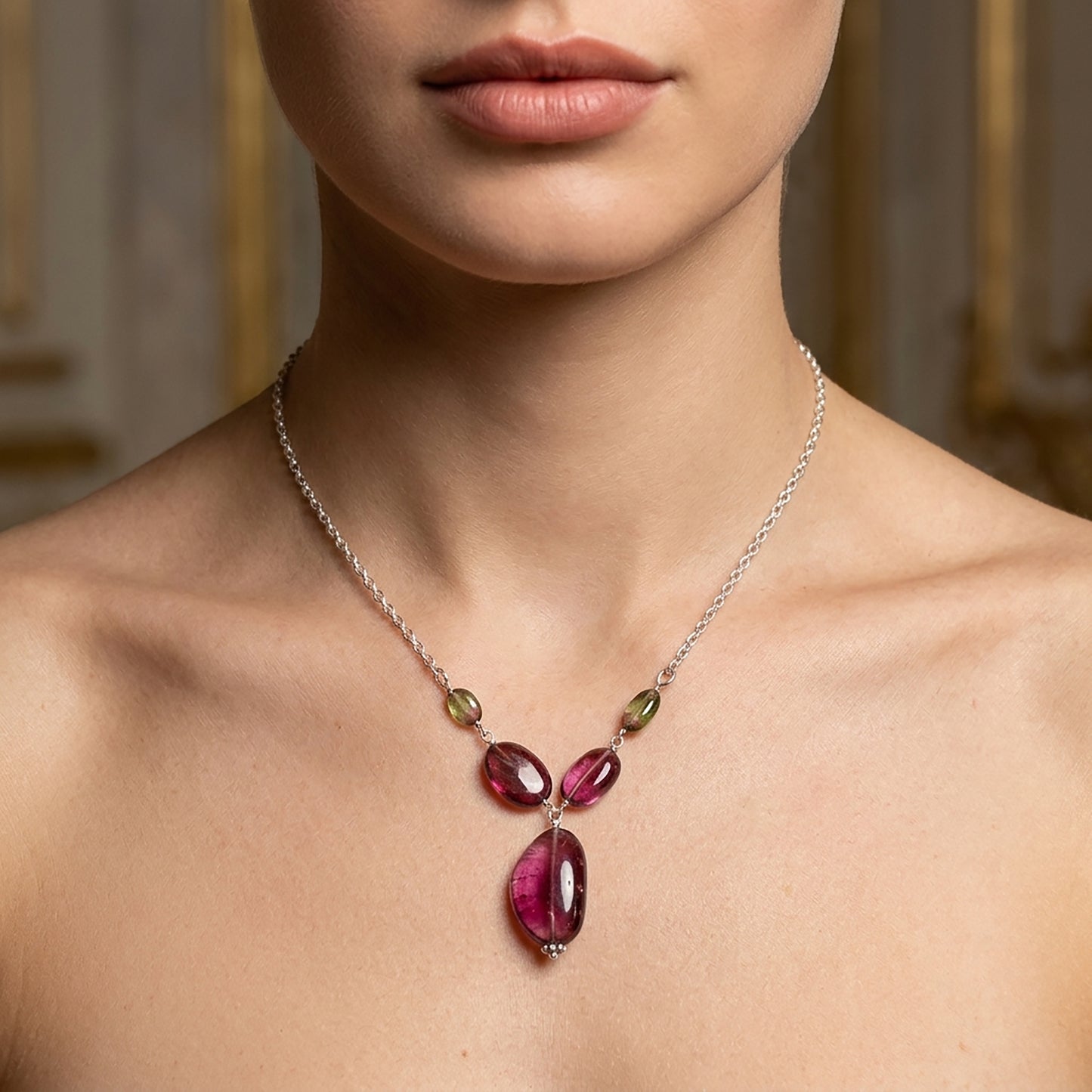Rubellite Green Tourmaline Beads Chain Necklace: 43.10cts Natural Untreated Tourmaline 925 Sterling Silver Plain Oval 7*4mm - 17.5*12mm 22"